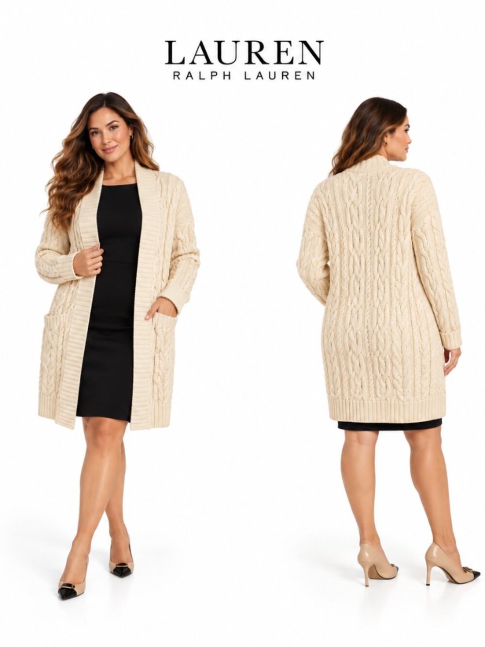 Lauren Ralph Lauren Woman 1X Modern Cream Cable Knit Open Front Cardigan NWT